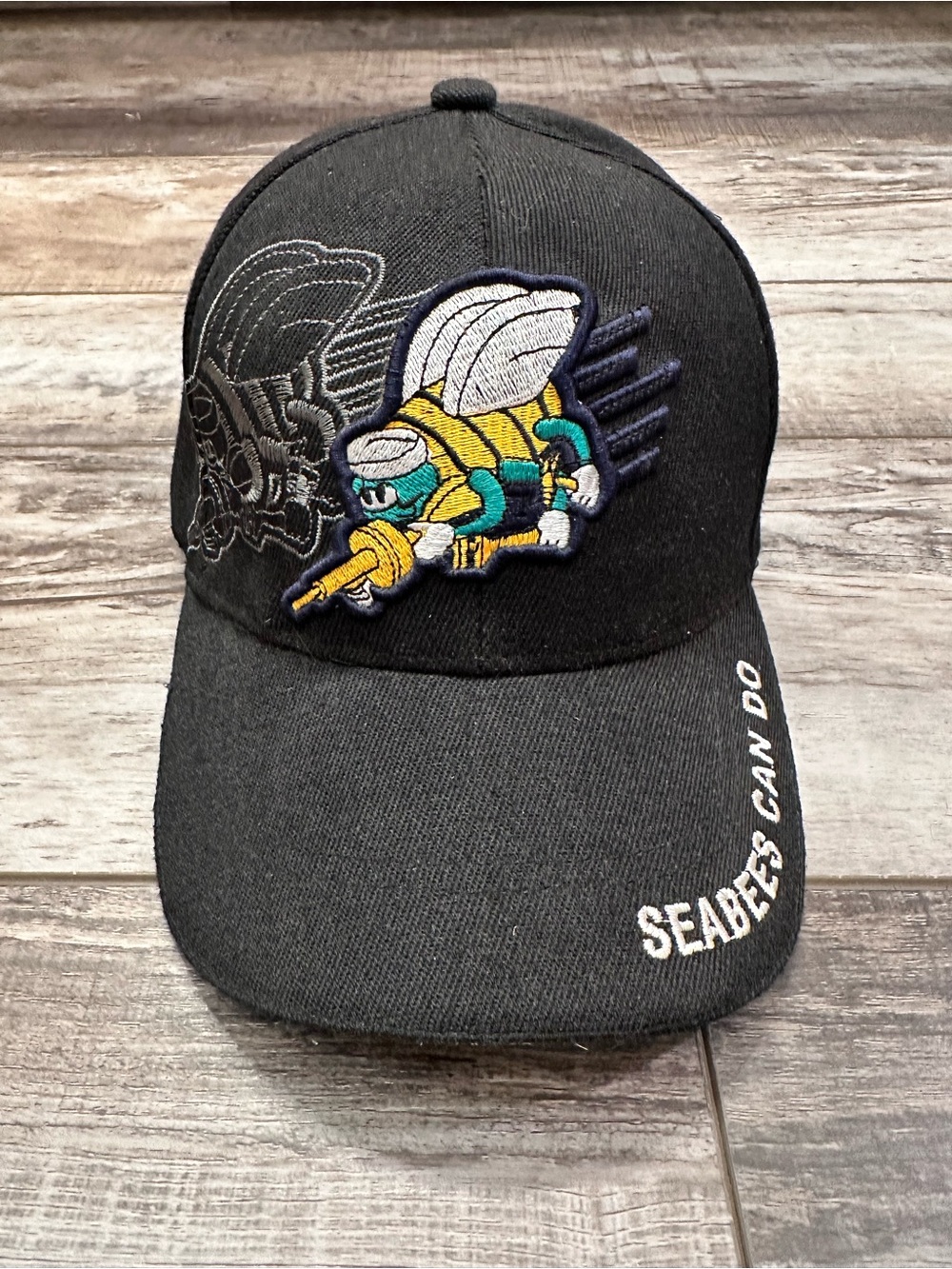Black United States Navy Baseball Cap with Embroidered Bee Motif